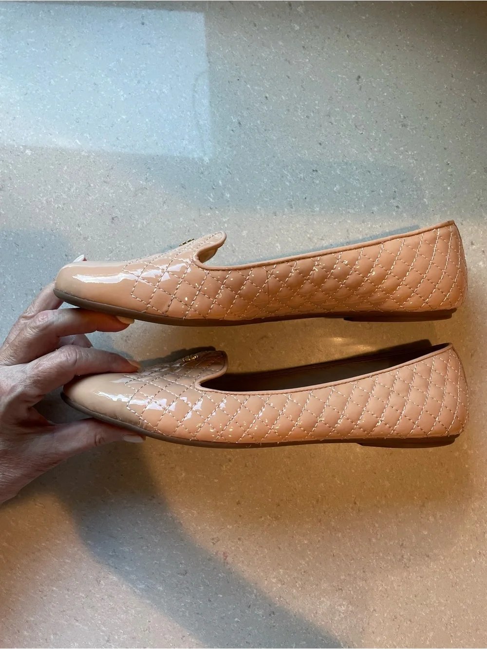 Tory Burch Quilted PatentLeather Ballet Flats | Light Oak